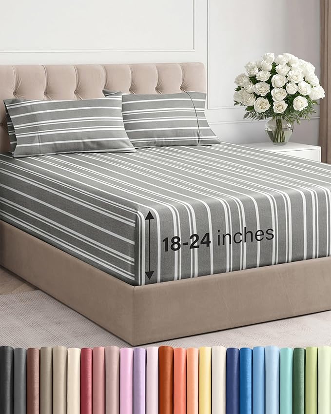 Extra Deep Twin XL Sheet Set - 4 Piece Breathable and Cooling Sheets - Hotel Luxury Bedding for Women, Men, Kids & Teens - Easy Secure Fit - Soft & Wrinkle Free with Extra Deep Pockets - Grey Stripes