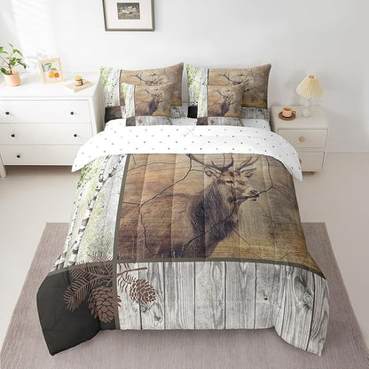 Elk Deer Bed in a Bag King Size Comforter Set 7 Pieces,Xmas Moose Reindeer Bedding Sets Birch Trees Sheet Set with Comforter