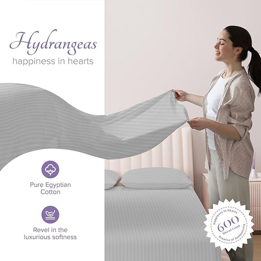 Carressa Linen Luxury Egyptian Cotton King Stripe Sheet Set, 600 Thread Count Extra Long Staple 4 PC Set, King Damask Sheets, Soft, Cooling Sateen Weave Striped Sheets Upto 18" Deep Pocket - Silver