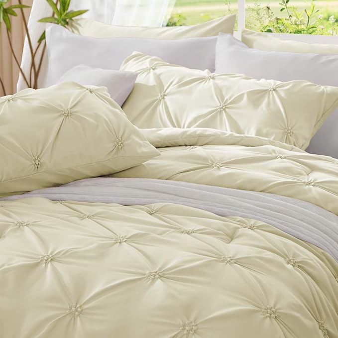 BEDELITE Beige Twin Comforter Set - 2 Peices Boho Pintuck Bedding Comforter Sets, Lightweight Soft & Warm Twin Bedding Sets with 1 Pillowcase for All Season