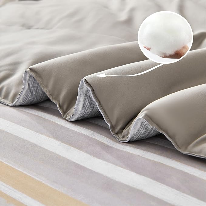 7 Piece Bed in a Bag Stripe Comforter Set Queen Size, White Grey Khaki Patchwork Striped Comforter and Sheet Set, All Season Soft Microfiber Complete Bedding Set(Khaki,Queen)