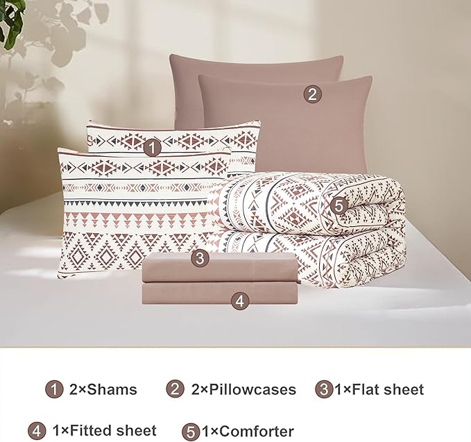 Geniospin King Size Comforter Set- 7 Pieces Boho Bed in a Bag, Western Bedding Set for All Seasons, Reversible Aztec Bedding, Lightweight Comforter Bed Set with Sheets, Pillowcases & Shams