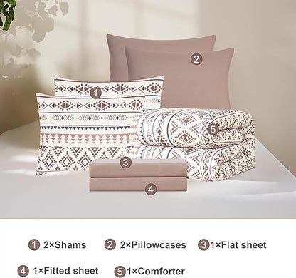 Geniospin King Size Comforter Set- 7 Pieces Boho Bed in a Bag, Western Bedding Set for All Seasons, Reversible Aztec Bedding, Lightweight Comforter Bed Set with Sheets, Pillowcases & Shams