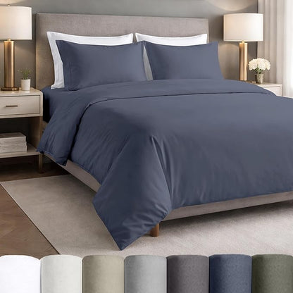 California Design Den Queen Deep Pocket Sheet Set - Certified 100% Egyptian Cotton Sheets, Lightweight & Crisp Percale, Durable Luxury Bedding Set - Mineral Blue (Grey Tone)