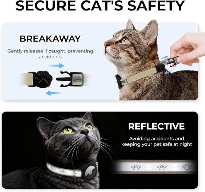 Breakaway AirTag Cat Collar, Reflective Cat Tracker Collar with Bell | Built in AirTag Holder, Adjustable 8.5-12in for Cats, Kittens and Puppies, Safety Elastic Band, Reflective for Night Walking