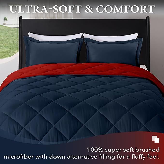 downluxe King Size Comforter Set - Red and Navy King Comforter, Soft Bedding Sets for All Seasons -3 Pieces - 1 Comforter (104"x92") and 2 Pillow Shams(20"x36")
