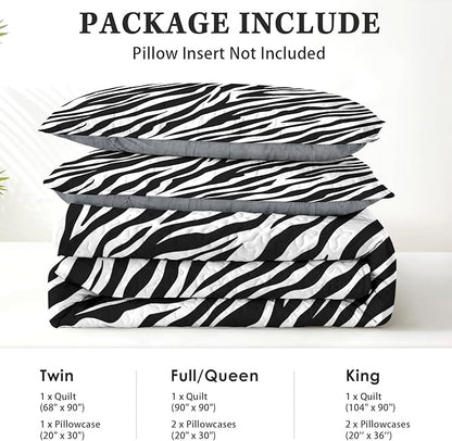 Quilt Set Twin Size, Zebra Stripe Animal 2 Pcs Soft Bed Cover Bedding Set for Kids and Adults, Black White Lightweight Bedspread Coverlet with Pillow Sham for All Season