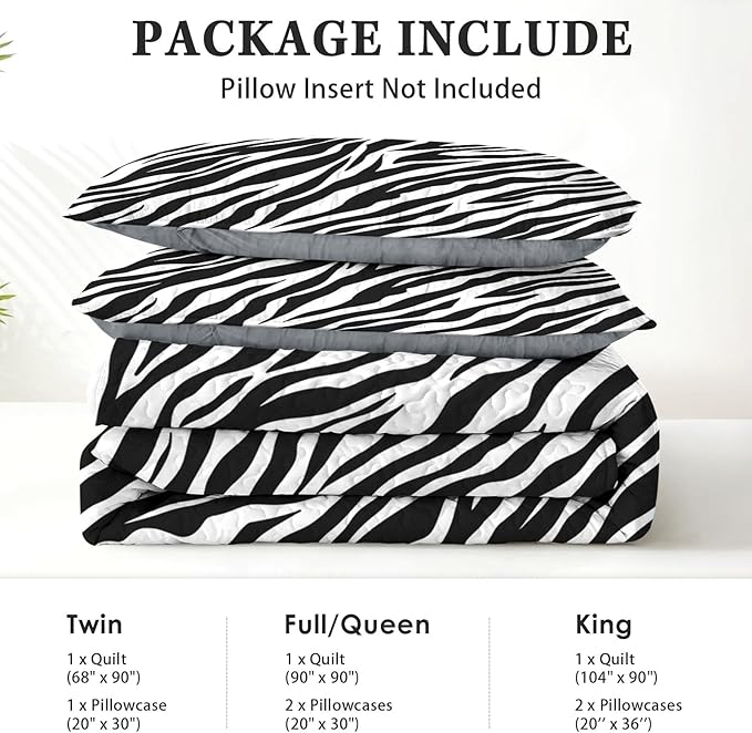 Quilt Set Full/Queen Size, Zebra Stripe Animal 3 Pcs Soft Bed Cover Bedding Set for Kids and Adults, Black White Lightweight Bedspread Coverlet with Pillow Sham for All Season