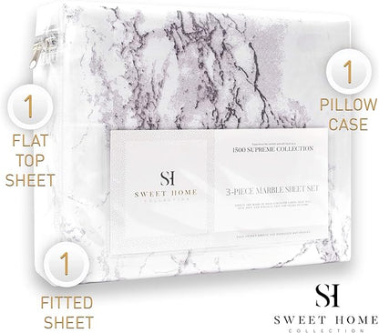 1500 Supreme Collection Extra Soft Marble Print Sheet Set- Luxury Bed Sheets Set with Deep Pocket Wrinkle Free Bedding, Twin Size