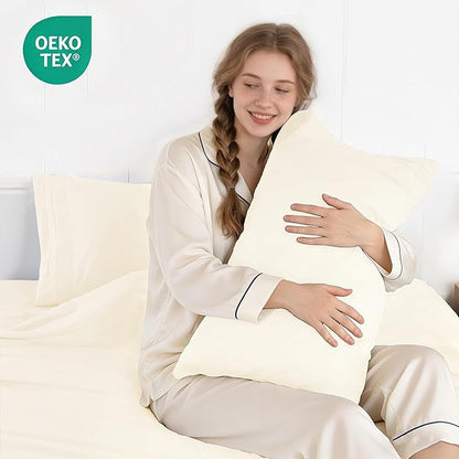 ROSE&RISY Beige King Size Sheet Set, Pre-Washed Microfiber Cotton-Like 4 Pcs Ultra Soft Bedding Set King, Breathable Cooling Skin-Friendly All Seasons, 1 Fitted, 1 Flat, 2 Pillowcases (Beige, King)