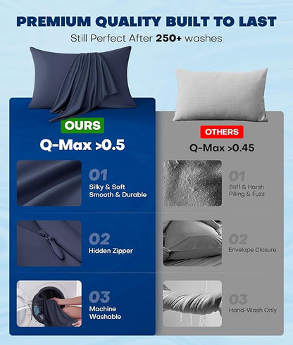 Ultra-Chill Cooling Pillowcase Set of 2 for Hot Sleepers, Softer Than Silk Pillow Cases for Protecting Hair & Skin, Breathable Bed Pillow Covers w/Zipper, Gifts for Women Men (Navy Blue, King)