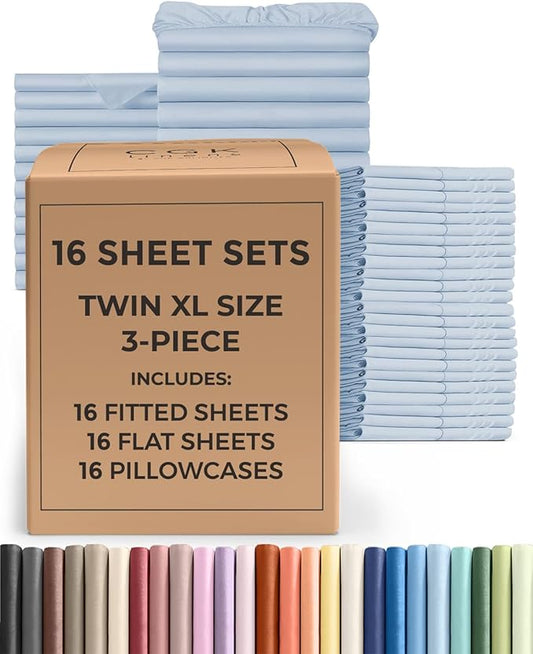 Bulk Case Pack of 16 Sheet Sets - (16) Complete Twin XL Size Sheet Sets w/ Deep Pockets - Wholesale Bulk Bedding for Hotels, Spas & Airbnbs - Breathable, Cooling & Wrinkle Free - (Twin XL, Sky Blue)