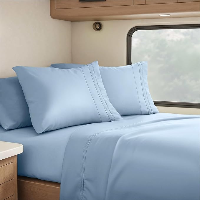 Clara Clark RV Short Queen Sheets - Hotel Luxury 6 Piece Bed Sheets for Short Queen Size Bed - Soft Bedding Sheets & Pillowcases, Fits Low Mattress up to 10 inch deep. Short Queen, Stone Blue