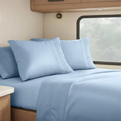 Clara Clark RV Short Queen Sheets - Hotel Luxury 6 Piece Bed Sheets for Short Queen Size Bed - Soft Bedding Sheets & Pillowcases, Fits Low Mattress up to 10 inch deep. Short Queen, Stone Blue