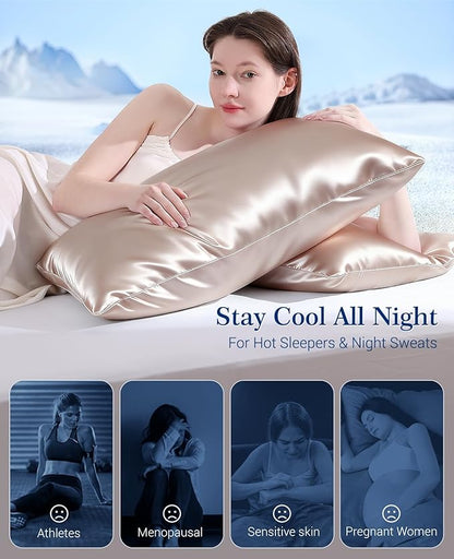 Elegear Cooling Pillow Cases for Hot Sleepers, Upgraded Arc-Chill Cooling Satin Pillowcase Q-max>0.5, Silky Satin Pillowcase for Hair & Skin, Luxury Zipper Pillowcase Cover Set of 2-Standard,Champagne