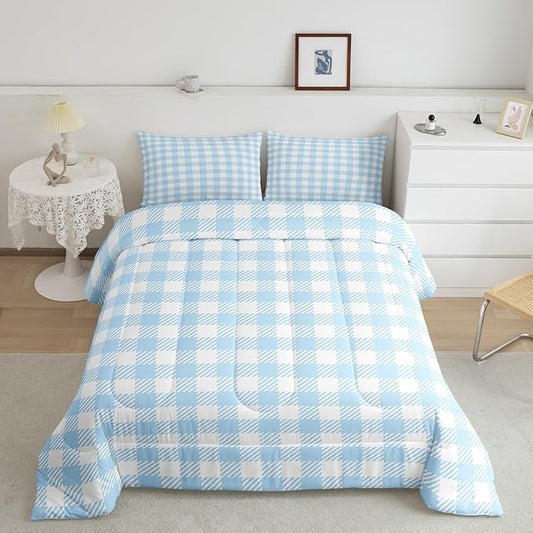 Manfei Blue Plaid Bedding Set King Size Buffalo Check Plaid Comforter Classic Gingham Pattern Comforter Set Blue White Scottish Duvet Set 3Pcs Quilt Set 1 Comforter Set with 2 Pillowcase