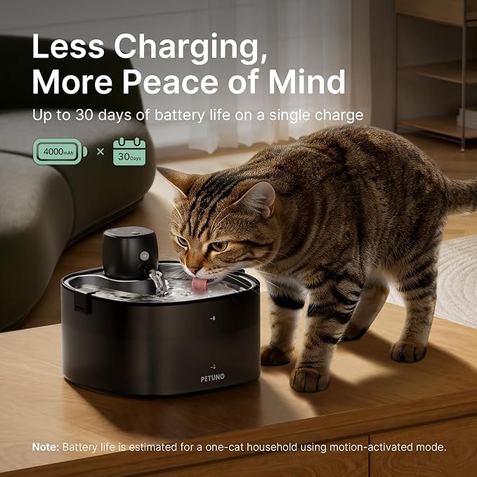 Cordless Cat Water Fountain, 78oz/2.3L, Battery Operated, Silver | Stainless Steel Tray, Rechargeable 4000mAh, Wireless, Motion Sensor, Ultra-Quiet Pump, Locking Lid, Automatic Fountain