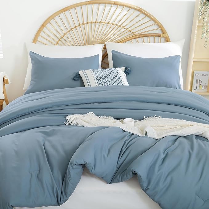 weigelia Dusty Blue Comforter Queen Size 3PCS Bed Comforter with 2 Pillowcases - Ligtweight Soft Solid Blue All Season Queen Comforter Bed Set - Boho Aesthetic Bedding Set for Men and Women