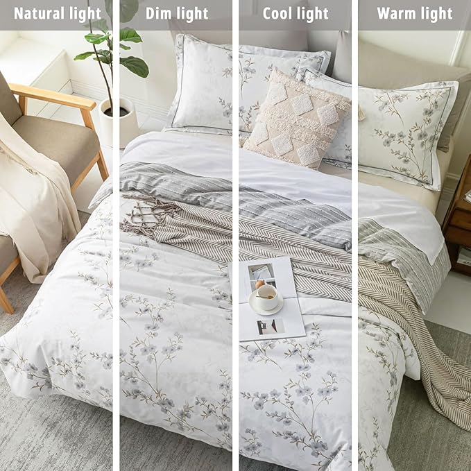 Vintage Botanical White Cotton Comforter Queen Size - Elegant Gray Flowers and Taupe Branches on White, Light Gray Striped Back, 3PC Lightweight Bedding Set with Ultra-Soft Alternative Fill
