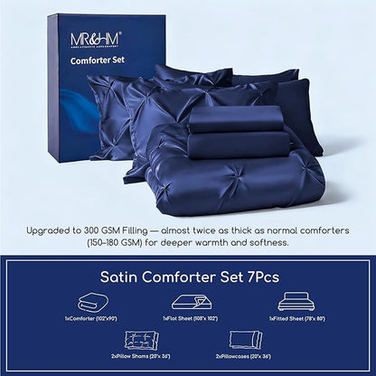 MR&HM Satin Comforter King 7 Pieces - Luxurious Pinch Pleat Bedding Set with Comforter, Flat Sheet, Fitted Sheet, Pillowcases & Shams, Super Silky Soft Bed Set for All Season (King, Navy Blue)