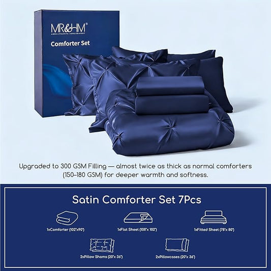 MR&HM Satin Comforter King 7 Pieces - Luxurious Pinch Pleat Bedding Set with Comforter, Flat Sheet, Fitted Sheet, Pillowcases & Shams, Super Silky Soft Bed Set for All Season (King, Navy Blue)
