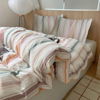 Striped King Size Comforter Down Alternative Washed Cotton Bedding Set Cozy Boho Fluffy Colorful Bedding Comforter Sets Farmhouse Soft All Season Cute Bed Comforter with 2 Pillowcases