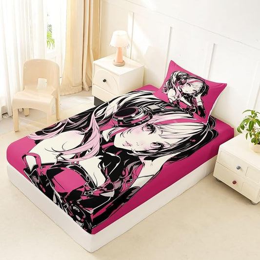 Pink Anime Girls Bedding Set Cartoon Japanes-Style Fitted Sheet Twin, Graffiti Street Culture Bed Sheets for Kids Teens Youth Watercolor Hippie Style Sheets 2Pcs, No Top Sheet