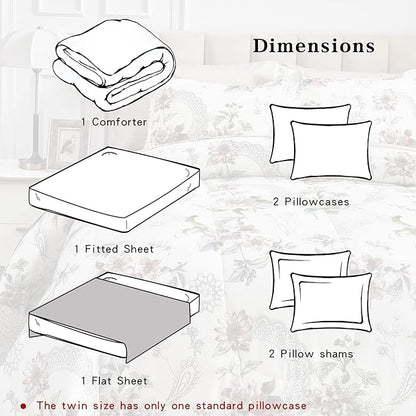 7 Pieces Bed in a Bag Queen Comforter Set with Sheets, Beige Floral Design, Soft Microfiber Bedding Sets for All Season (1 Comforter, 2 Pillow Shams, 1 Flat Sheet, 1 Fitted Sheet, 2 Pillowcases)