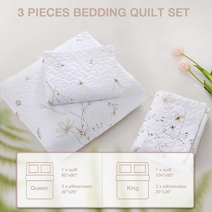 Queen Size Quilt Bedding Set, White Floral Quilt Lightweight Reversible Quilted Bedspreads Coverlets with 2 Pillow Shams for All Seasons (90"×90")