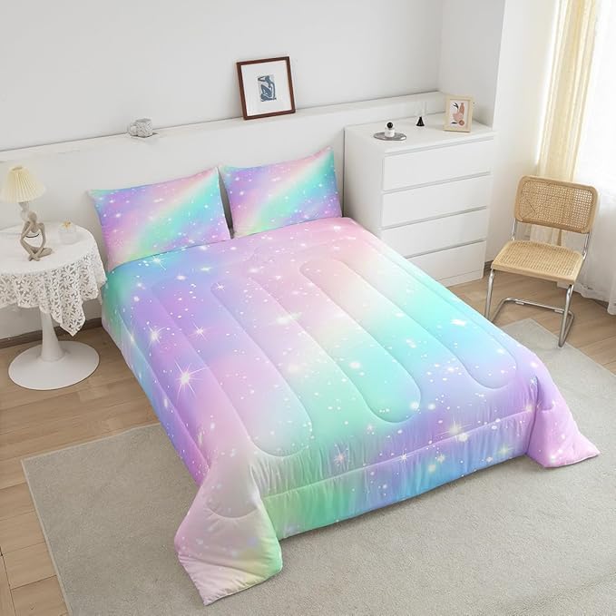 Rainbow Bedding Set For Kids Girls Teens Women Ombre Gradient Comforter Set Full Stars Galaxy Bedding Comforter Sets Watercolor Tie Dye Quilt Soft Lighweight Quilted Duvet Girly Bedroom Decor 3Pcs
