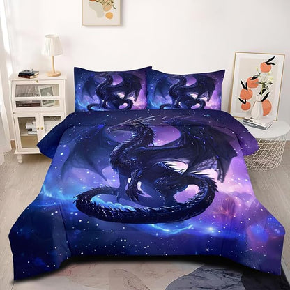 Black Dragons Bedding Set Outer Space Starry Sky Comforter Set Full Size Western Castle Fairy Dragons Comforter 3D Animals Dragon Bed Set for Kids Boys Teens Women Decor Black Purple