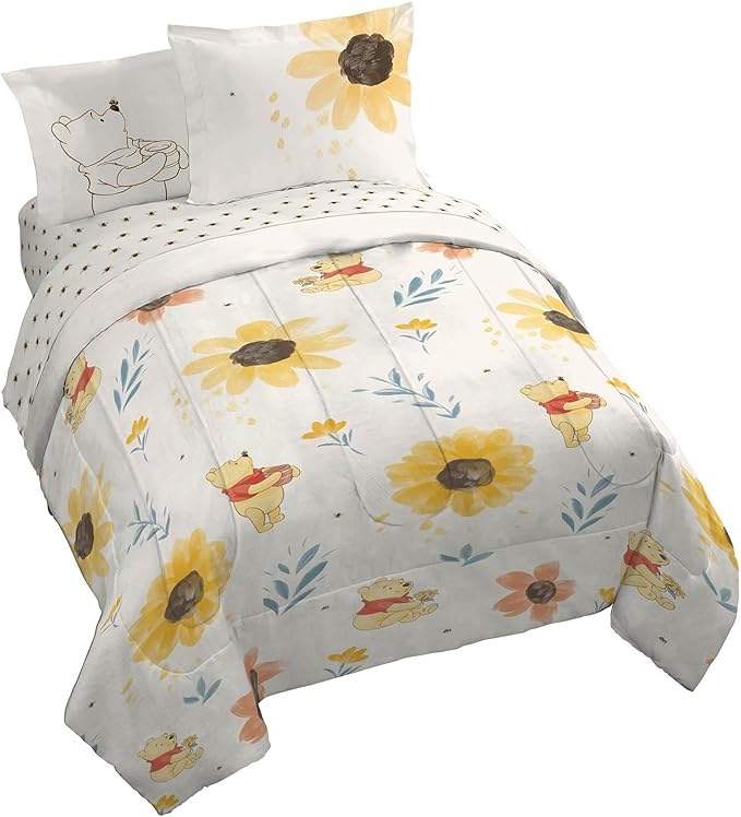 Jay Franco Disney Winnie The Pooh Queen Comforter Set - 7 Piece Bedding Includes Sheet Set & Pillow Covers - Super Soft Cozy Floral Bedding