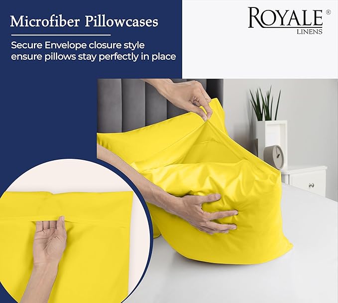 Royale Linens Queen Pillowcase Set of 2 - Bed Pillow Cover - 20" x 30" - Pillowcases - 1800 Brushed Microfiber, Wrinkle & Fade Resistant - Soft & Cozy- Queen Size Pillow Case (Yellow)