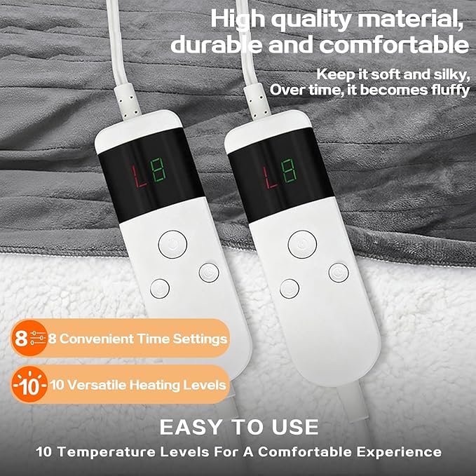 Electric Heated Blanket King Size 90''x100'' - Dual-Control Heating Blanket, Soft & Warm Flannel 10-Level Temperature Control, 8 Hours Auto Off, Rapid Heating & Overheat Protection