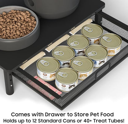 W‌SOWX Adjustable Automatic Cat Feeder Stand, Elevated Cat Food Stand,Black | With Drawer and Cat Food Mat,Raises Feeder/Bowls by 4.1"/4.9"/5.7",Relieves Spine and Joints Noticeably on Pets-Sturdy Metal