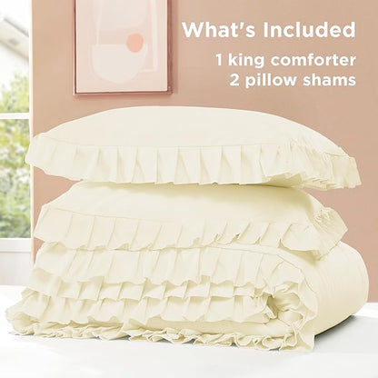 Litanika Cream King Size Comforter Set, 3 Pieces Ruffle Farmhouse Aesthetic Bedding Comforter Set, All Season Soft Lightweight Fluffy Microfiber Bed Set(104x90In Comforter, 2 Pillowcases)