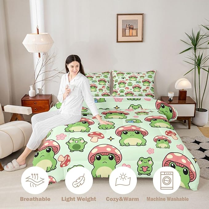Mushroom Frog Comforter Set Queen Size Cute Mushroom Bedding Set 3pcs for Kids Girls Boys Bedroom Decor Cartoon Animals Plants Quilt Set Pink Green Duvet Insert,2 Pillowcases