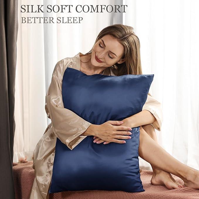 Adubor 100% Silk Pillowcase - Mulberry Silk Pillow Cases, 22 Momme 6A Grade Fibers, Silk Pillow Case for Hair and Skin Health, with Hidden Zipper (Standard 20''×26'', Navy Blue, 1PC)