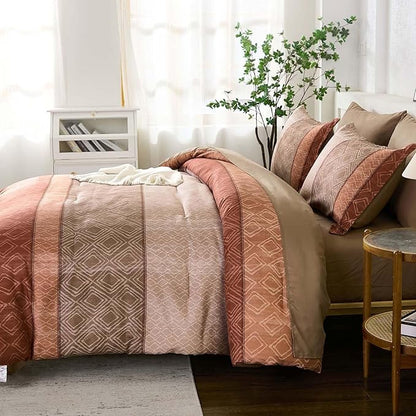 Dinjoy Boho Queen Comforter Set Red Brown,7 Piece Bed in a Bag Queen Size Warm Striped Bedding Sets with Plaid Fall Comforters Bed Set with Sheets for Family All Season