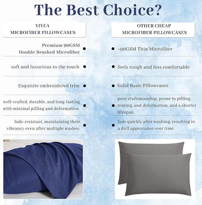 YIYEA Pillow Cases Queen Size Set of 4, Ultra Soft 1800TC Hotel Quality Double Brushed Microfiber Embroidered Pillowcases, Envelope Closure, Fade Resistant (20"x30", Navy)
