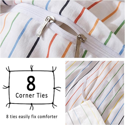 Merryword Rainbow Striped Duvet Cover Set Queen Size, 100% Cotton Bedding Set with Zipper Closure & 8 Corner Ties, Luxury Linen Like Bedding, Soft Breathable Comforter Cover for All Seasons