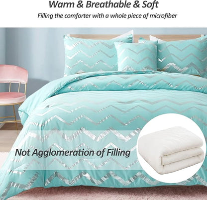 Menghomeus Aqua Comforter Set Twin Size Metallic Teal and Silver Bed Comforter 3 Piece Soft Microfiber Bedding for Teen Girls Boys (1 Pillow Case + 1 Decorative Pillow Sham)