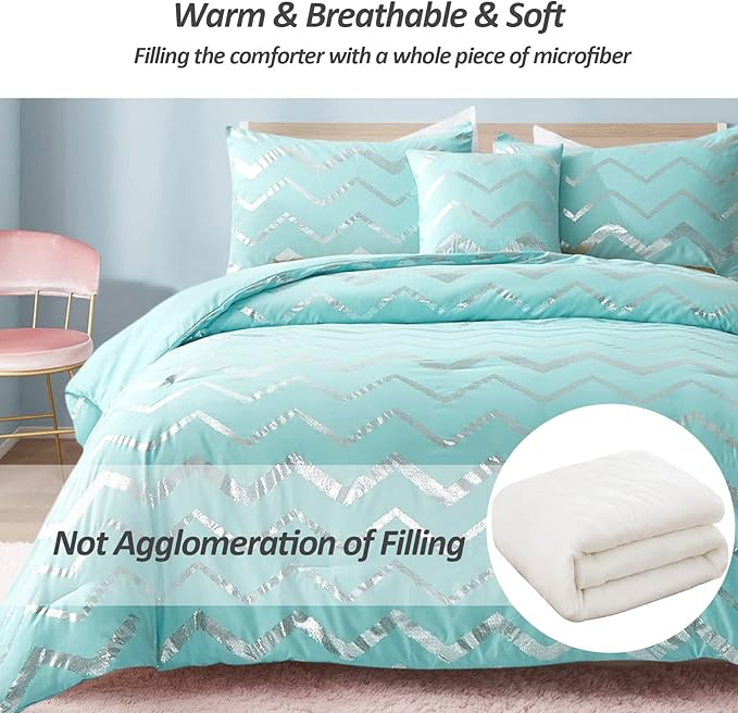 Menghomeus Aqua Comforter Set King Metallic Teal and Silver Bed Comforter 4 Piece Soft Microfiber Bedding for Teen Girls Women (2 Pillow Shams + 1 Decorative Pillow Sham)