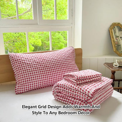 NSNLGSGC Red Gingham Queen Quilt Set, Soft Pre-Washed Microfiber Red Plaid Queen Bedspread, Lightweight Checked Summer Quilt, Grid Bedding Coverlets for All Seasons (Includes 1 Quilt, 2 Pillow Shams)