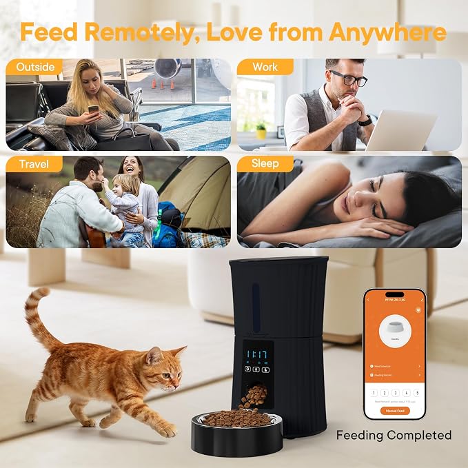 NEWBULIG 4L Automatic Cat Feeder with APP, 2.4G WiFi Pet Feeders, Black | Applicable for Dry Food, 19.5 Cups, Programmable Schedule, 10 Meals/Day, 50 Portions/Meal, 10s Voice Recorder, Dual Power