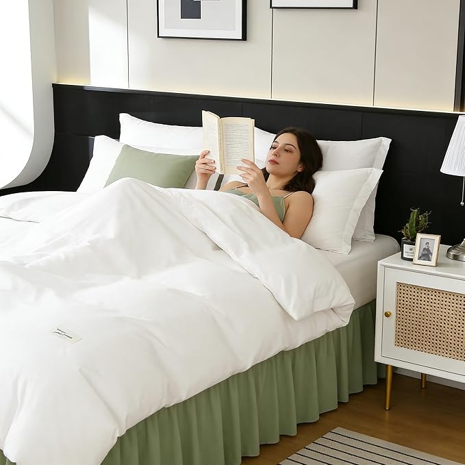 RIMELA Sage Green Bed Skirt Queen Size 15 Inch Drop, Elastic Bed Skirting for Bed Base and Frame, Bedding Dust Ruffle Easy to Install, Wrap Around Adjustable Bedskirt