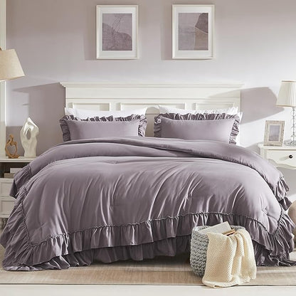 Cupocupa Purple Ruffle King Size Comforter Set, Shabby Chic Boho Bedding Comforter Sets, Fluffy Cozy Bedding Comforters & Sets for All Season, 3PCS Lightweight Farmhouse Rustic Bedding Sets