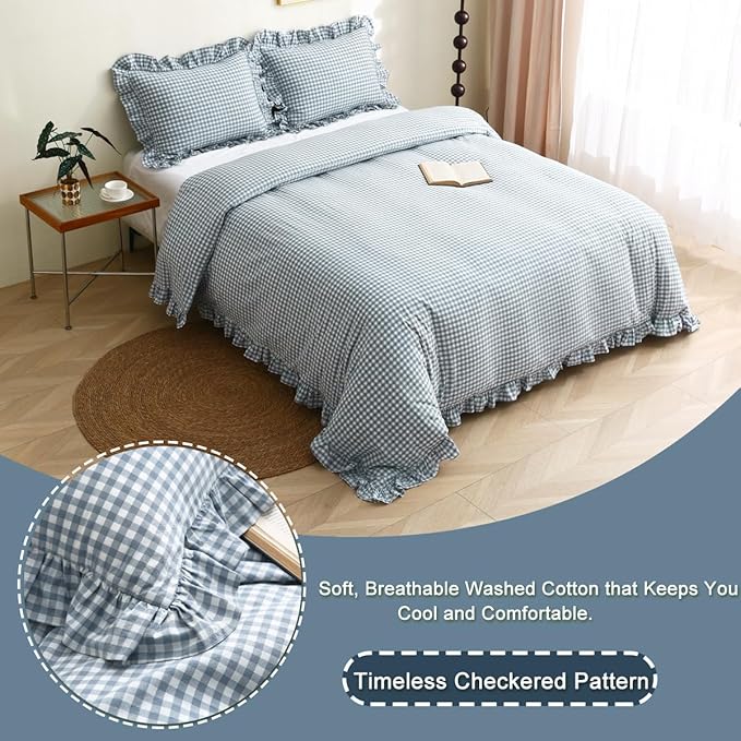 Light Blue/White Plaid Ruffle Duvet Cover Full Size,100% Washed Cotton 3 Pieces Shabby Checkered Chic Gingham Bedding Set Comforter Cover Set