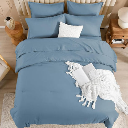 Litanika Twin XL Comforter Set Dusty Blue - 5 Pieces Twin Extra Long Bed in a Bag for College Dorm, All Season Bedding Set for Girls and Boys, Soft Bed Set with Comforter, Sheets, Pillowcase & Sham