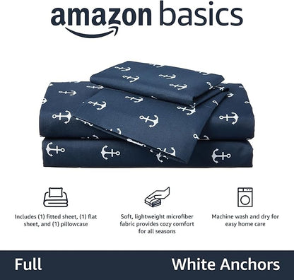 Amazon Basics Kid's Soft, Breathable, Easy-Wash Microfiber 4-Piece Sheet Set, Full, White Anchors